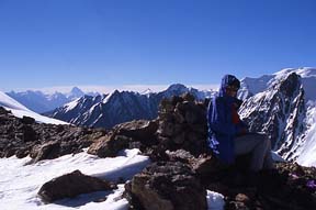 Kimberley O'Neil on Dilisang Pass (5290 metres) on the Afghanistan-Pakistan border, view south into Pakistan towards Misgar, August 6, 2004