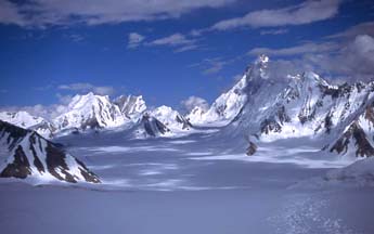 Lukpe Lawo or Snow Lake, one of the world's largest glacial basins seen from Hispar La, Baltistan, Northern Pakistan