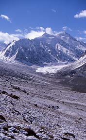 Upper Wakhjir Valley looking east towards head of valley, Wakhjir Pass to left; Ice-cave to right