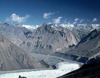 Yazghil Glacier and Shimshal Valley, seen from Yazghil pastures